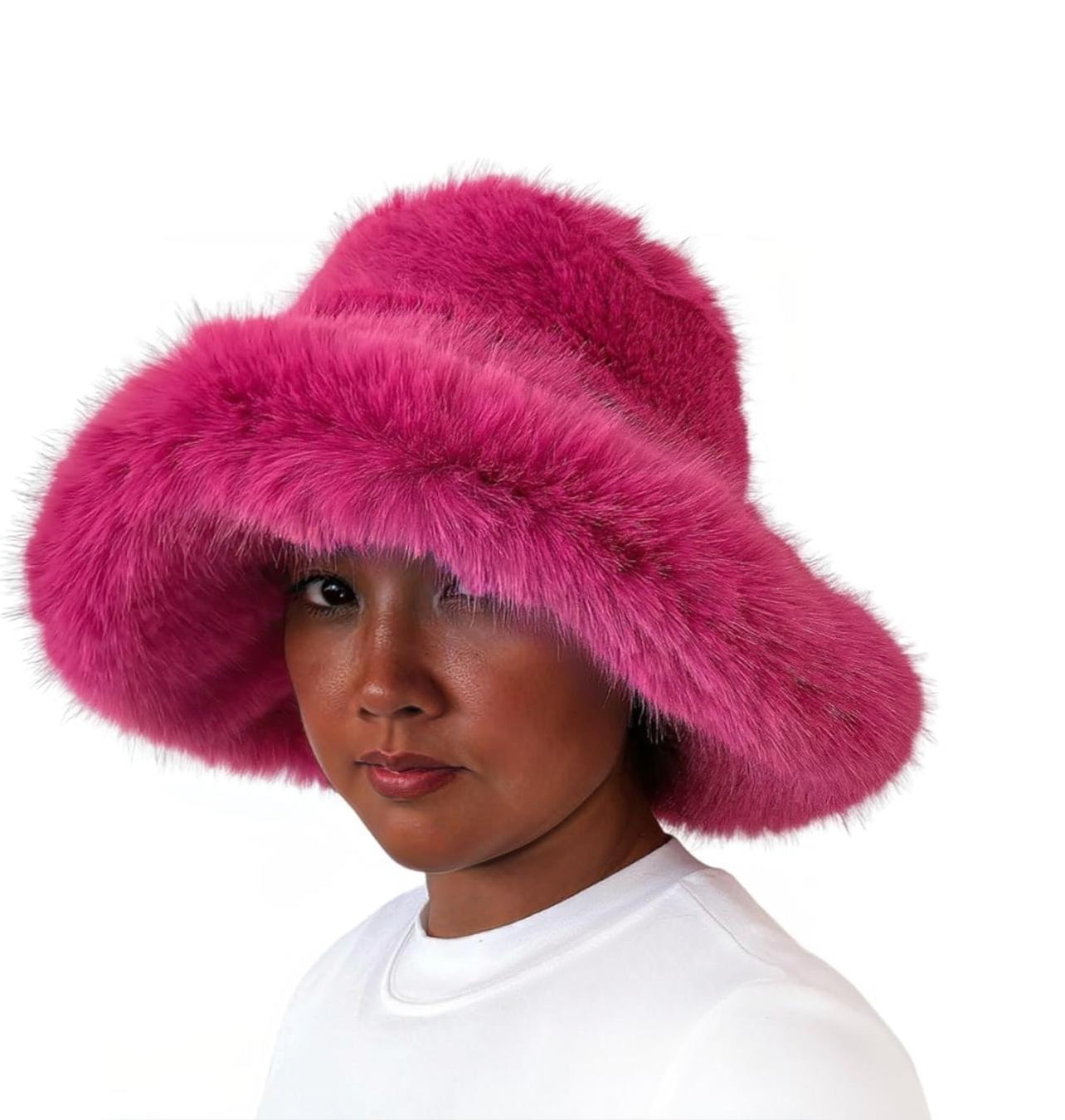 Pink fox fur bucket hat